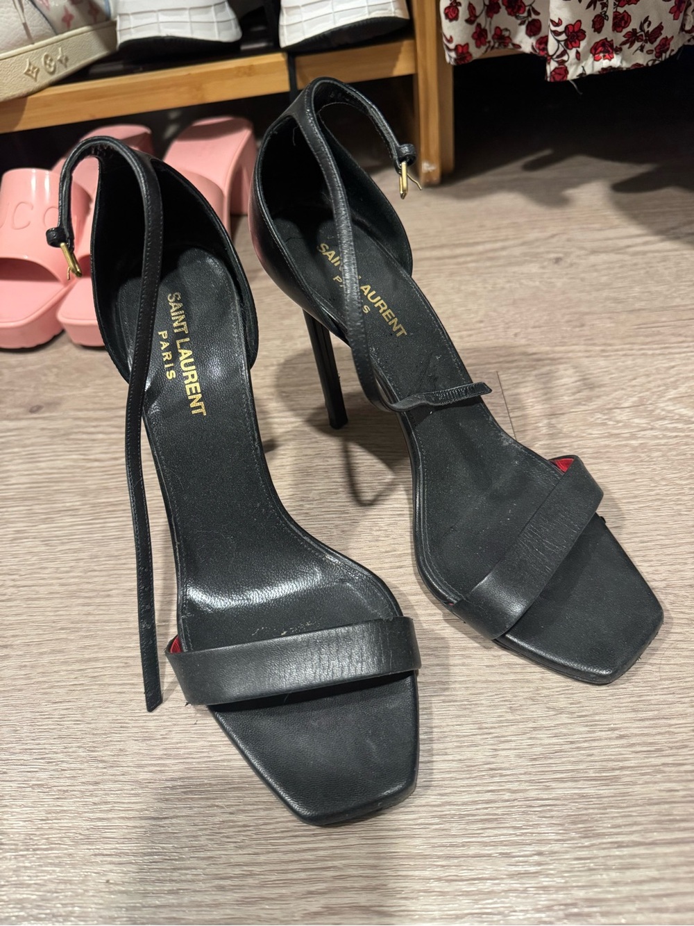 Saint Laurent Black Leather Square-Toe Stiletto Sandals